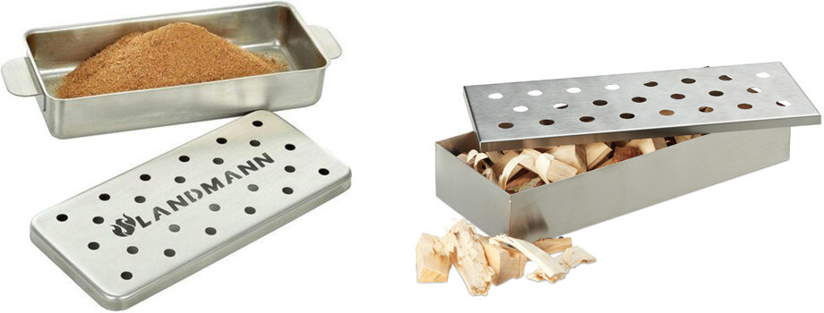 Smokerbox mit Räuchermehl (links) und oder mit Räucherchips (rechts)