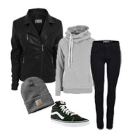 Lässiger Alltagslook mit Bikerjacke