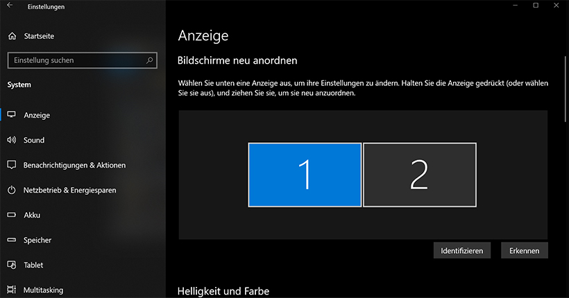 Windows Anzeige-Einstellungsmenü Bildschirmdarstellung