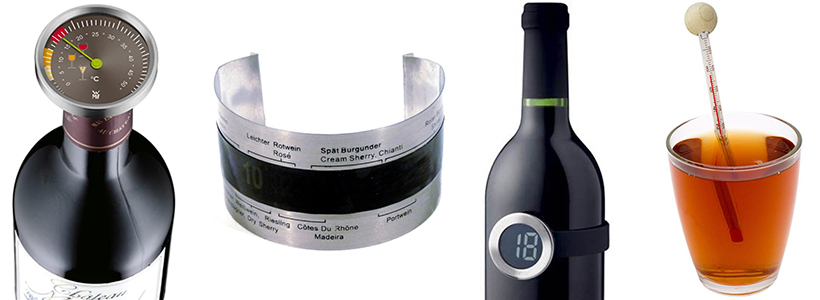 Verschiedene analoge und digitale Wein- und Teethermometer aus Metall und Holz