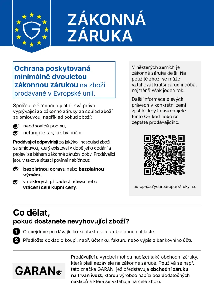 Označení zákonné záruky: Minimálně dva roky zákonné záruky za shodu zboží prodávaného v Evropské unii.