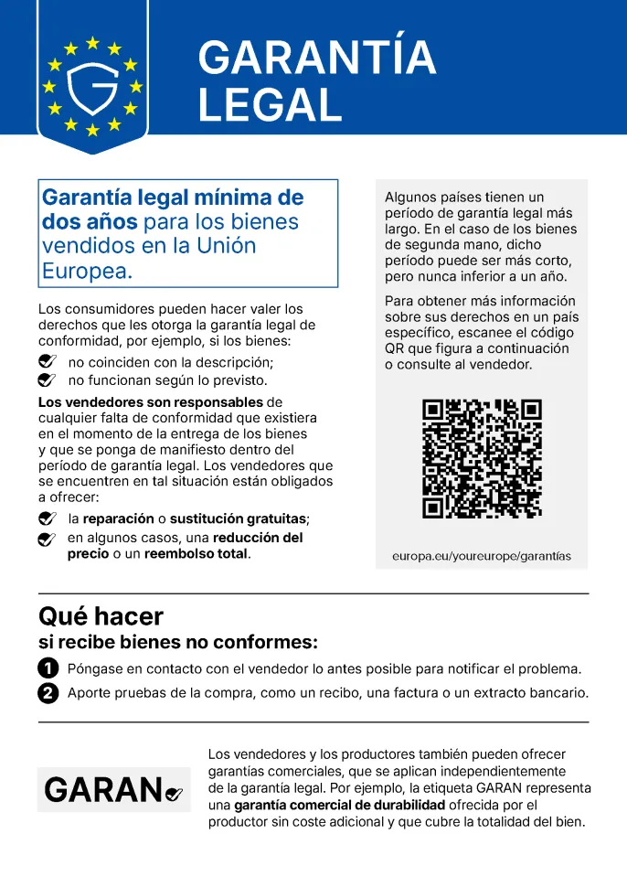Etiqueta de la garantía legal: al menos dos años de garantía legal de conformidad para los bienes vendidos en la Unión Europea.