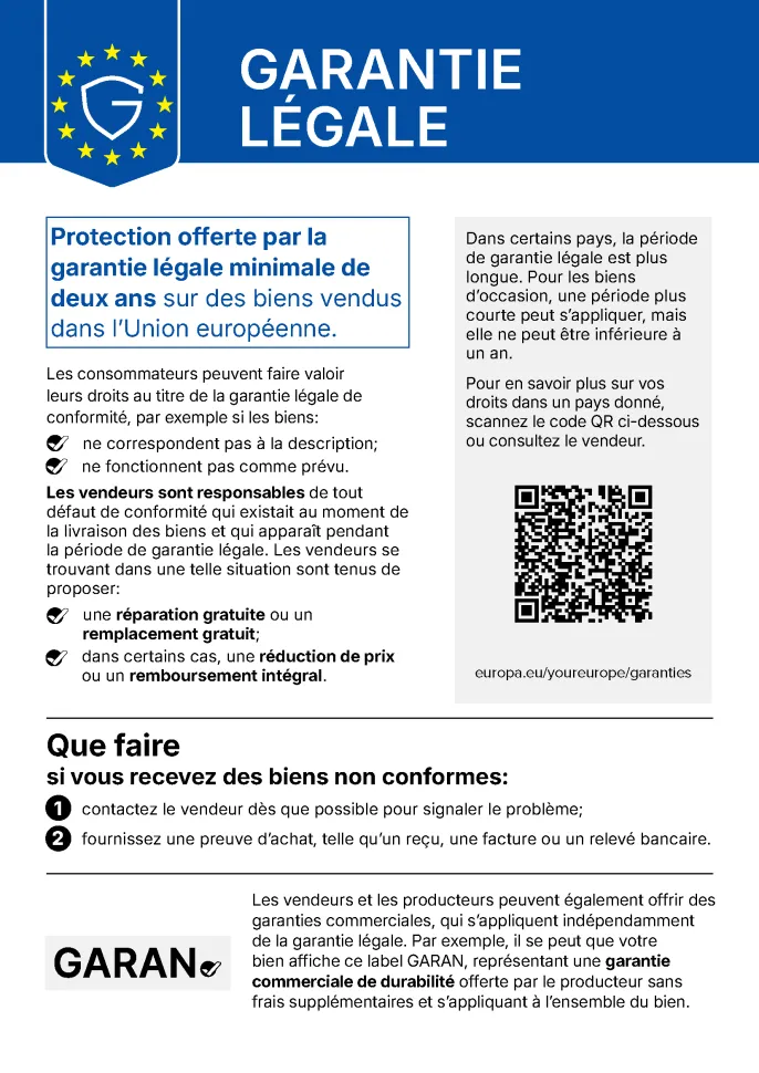 Étiquette de la garantie légale : au moins deux ans de garantie légale de conformité pour les biens vendus dans l'Union européenne.