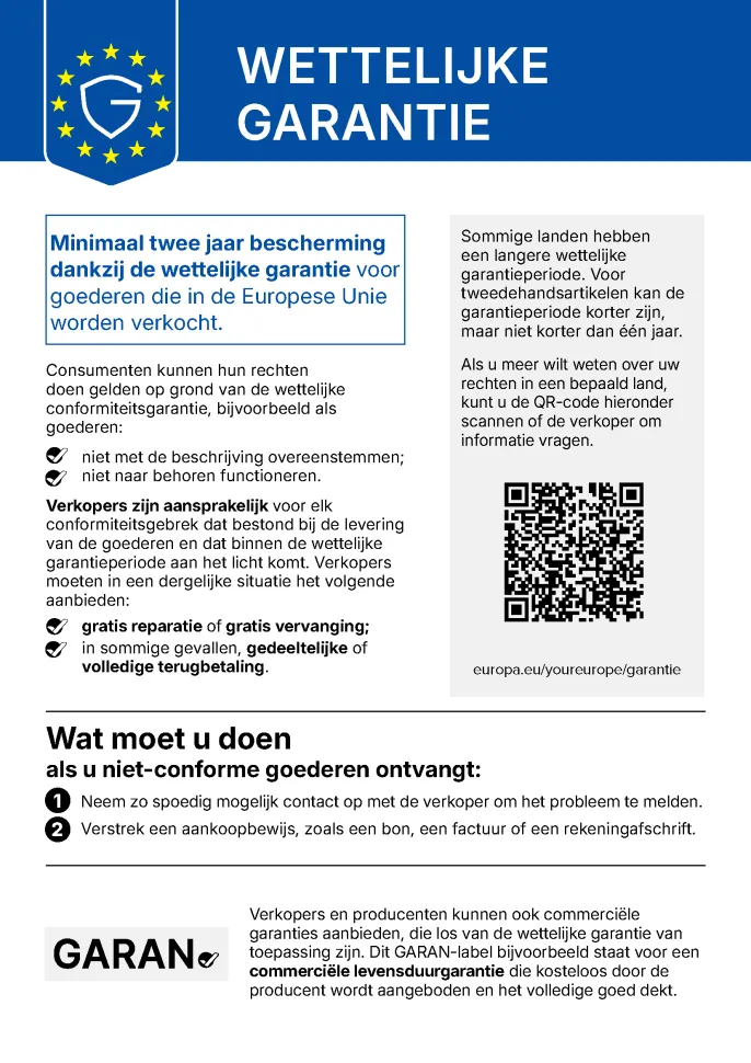 Label wettelijke garantie: ten minste twee jaar wettelijke garantie op conformiteit voor goederen die in de Europese Unie worden verkocht.