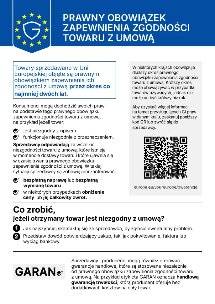 Etykieta ustawowej rękojmi: co najmniej dwa lata ustawowej rękojmi za zgodność towaru z umową w przypadku towarów sprzedawanych w Unii Europejskiej.