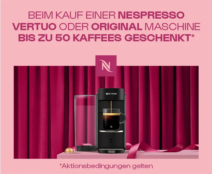 Beim Verkauf einer Nespresso Vertuo oder original Maschine bis zu 50 Kaffees geschenkt. Aktionsbedingungen gelten. Jetzt entdecken