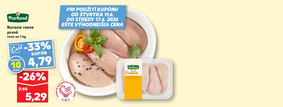 Kuracie rezne prsné, cena za 1 kg, aktivácia 10 bodov Kaufland Card, kupón, 4.79 €
