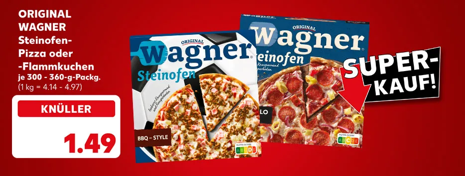 Original Wagner Steinofen-Pizza oder -Flammkuchen, versch. Sorten, je 300 - 360-g-Packung für 1.49 Euro (1 kg = 4.14 - 4.97); Störer: Super-Kauf!