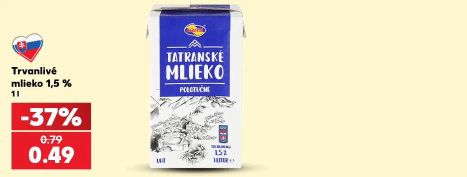 Trvanlivé mlieko 1,5 %, 1 l, 0.49 €