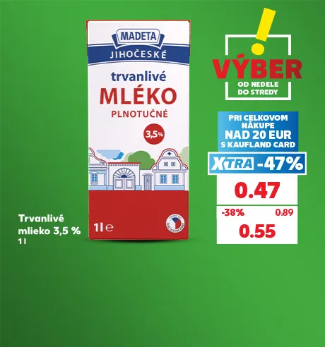 Trvanlivé mlieko 3,5 %, 1 l, 0.47 €