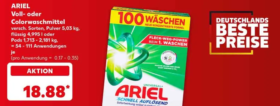 Ariel Voll- oder Colorwaschmittel, versch. Sorten, Pulver 5,03 kg, flüssig 4,995 l oder Pods 1,713 - 2,181 kg, = 54 - 111 Anwendungen, je für 18.88 Euro* (pro Anwendung = 0.17 - 0.35); Schriftzug: Deutschlands beste Preise