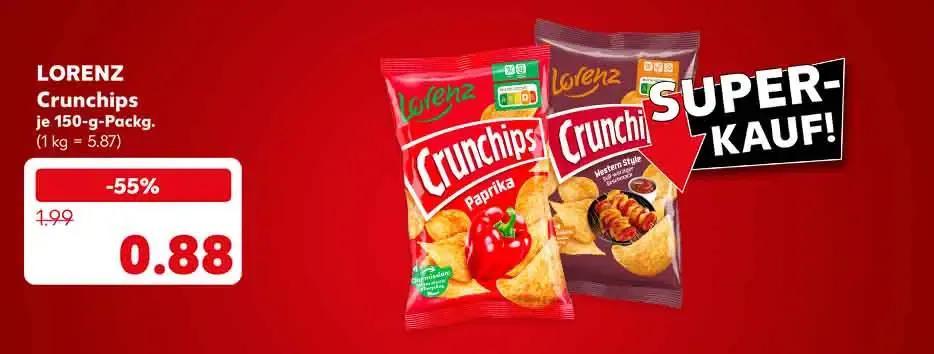 Lorenz Crunchips, versch. Sorten, je 150-g-Packung für 0.88 Euro (1 kg = 5.87); Störer: Super-Kauf!