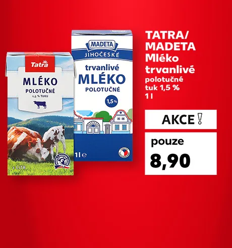 TATRA/MADETA Mléko trvanlivé polotučné 1l, pouze za 8,90 Kč