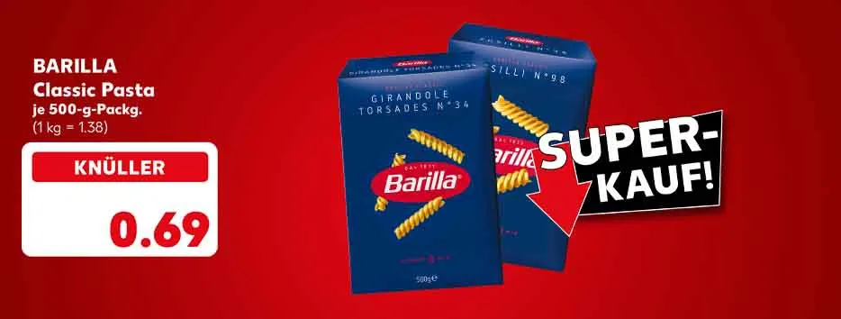 Barilla Classic Pasta, versch. Sorten, je 500-g-Packung für 0.69 Euro (1 kg = 1.38); Störer: Super-Kauf!