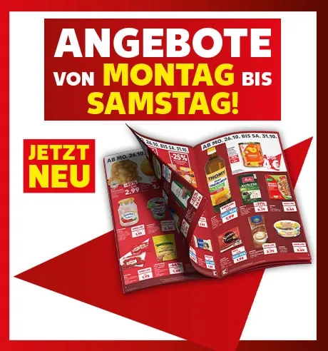 Schriftzug: Angebote von Montag bis Samstag!; Jetzt neu; Abbildung: Prospekt; Button: Mehr erfahren