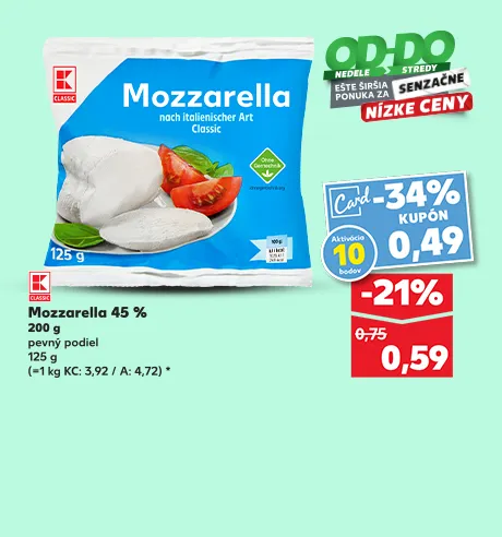 Mozzarella 45 %, 200 g, 0.49 €