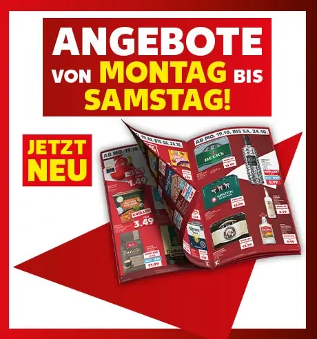 Schriftzug: Angebote von Montag bis Samstag!; Jetzt neu; Abbildung: Prospekt; Button: Mehr erfahren