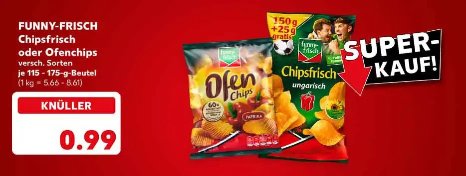 Funny-Frisch Chipsfrisch oder Ofenchips, versch. Sorten, je 115 - 175-g-Beutel für 0.99 Euro (1 kg = 5.66 - 8.61); Störer: Super-Kauf!