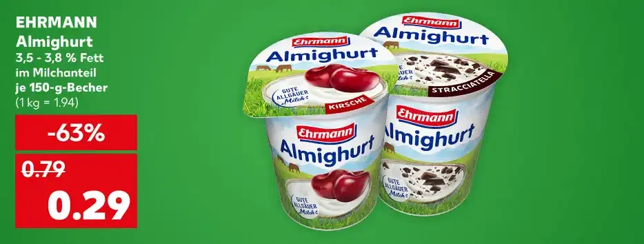 Angebot EHRMANN Almighurt Fruchtjoghurt, versch. Sorten, 3,5 - 3,8 % Fett im Milchanteil, je 150-g-Becher, - 63 %, 0.29 Euro (1 kg = 1.94)