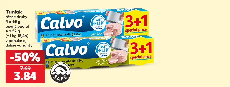 Tuniak, rôzne druhy, 4 x 65 g, pevný podiel 4 x 52 g, v ponuke aj ďalšie varianty, 3.84 €
