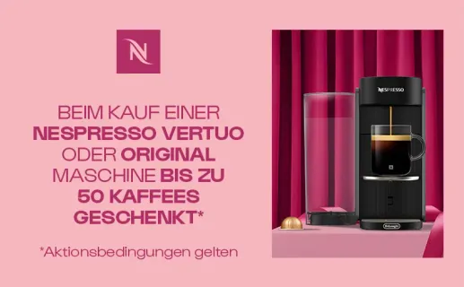 Beim Verkauf einer Nespresso Vertuo oder original Maschine bis zu 50 Kaffees geschenkt. Aktionsbedingungen gelten. Jetzt entdecken