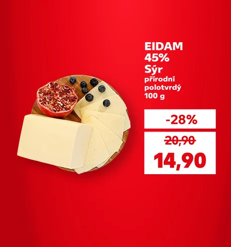 EIDAM 45% Sýr přírodní polotvrdý se slevou -28 % za 14,90 Kč