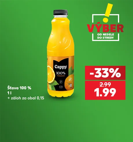 Šťava Cappy 100 %, 1 l + záloh za obal 0,15, 1,99 €