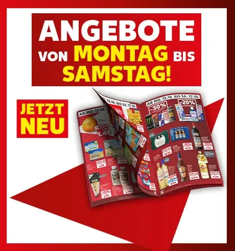 Schriftzug: Angebote von Montag bis Samstag!; Jetzt neu; Abbildung: Prospekt; Button: Mehr erfahren