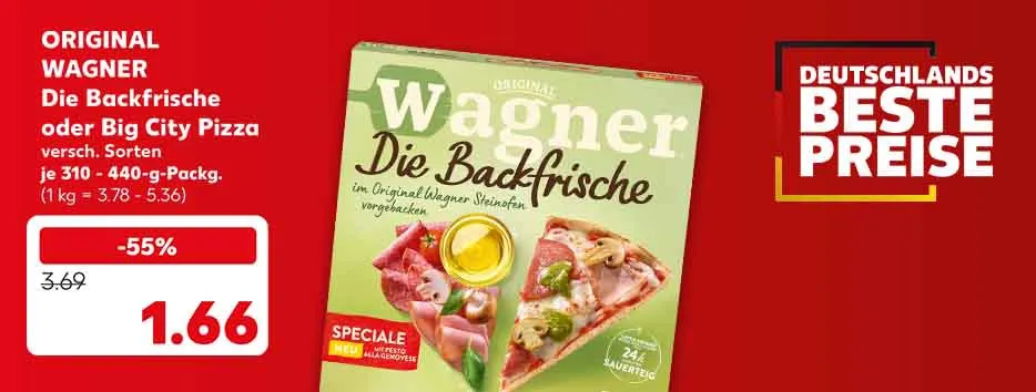Original Wagner Die Backfrische oder Big City Pizza, versch. Sorten, je 310 - 440-g-Packung für 1.66 Euro (1 kg = 3.78 - 5.36); Störer: Deutschlands beste Preise