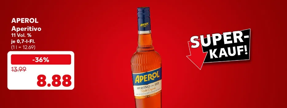 Aperol Aperitivo, 11 Vol. %, je 0,7-l-Flasche für 8.88 Euro (1 l = 12.69); Störer: Super-Kauf!