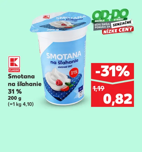 Smotana na šľahanie, 31 %, 200 g, 0.82 €