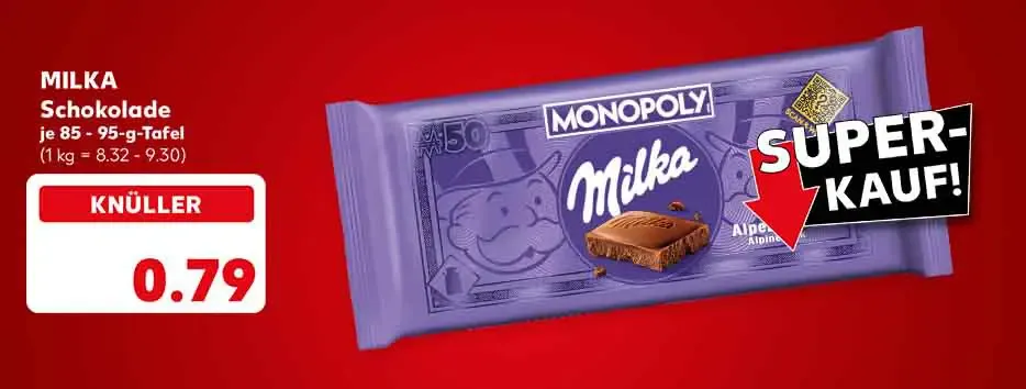Milka Schokolade, versch. Sorten, je 85 - 95-g-Tafel für 0.79 Euro (1 kg = 8.32 - 9.30); Schriftzug: Super-Kauf!