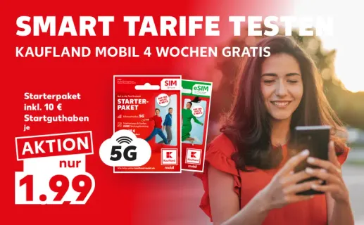 Smart Tarife Testen. Kaufland mobil 4 Wochen gratis. Starterpaket inkl. 10 € Startguthaben je Aktion nur 1,99 €. Jetzt entdecken