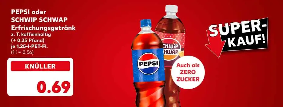 Schriftzug: Super-Kauf!; Pepsi oder Schwip Schwap Erfrischungsgetränk, zum Teil koffeinhaltig, (+ 0.25 Pfand), je 1,25-l-Pet-Flasche für 0.69 Euro (1 l = 0.56); Störer: Auch als Zero Zucker
