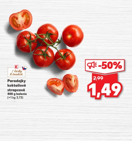 Paradajky koktailové strapcové, 400 g balenie, 1.49 €