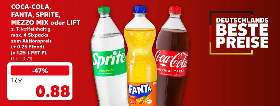 Schriftzug: Deutschlands beste Preise; Coca-Cola, Fanta, Sprite, Mezzo Mix oder Lift, zum Teil koffeinhaltig, maximal 4 Sixpacks zum Aktionspreis, (+ 0.25 Pfand), je 1,25-l-Pet-Fl. für 0.88 Euro (1 l = 0.71)