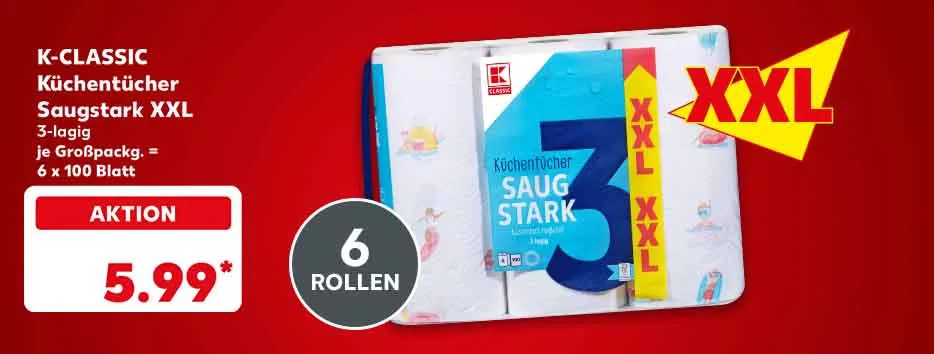 K-Classic Küchentücher Saugstark XXL, 3-lagig, je Großpackung = 6 x 100 Blatt für 5.99 Euro*; Störer: 6 Rollen; Logo: XXL