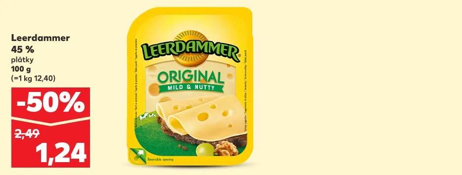 Leerdammer, 45 %, plátky, 100 g, 1.24 €