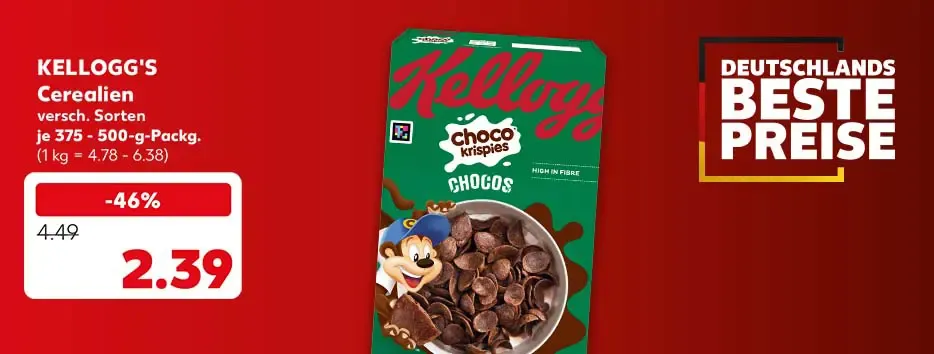 Schriftzug: Deutschlands beste Preise; Kellogg's Cerealien, versch. Sorten, je 375 - 500-g-Packg. für 2.39 Euro (1 kg = 4.78 - 6.38)
