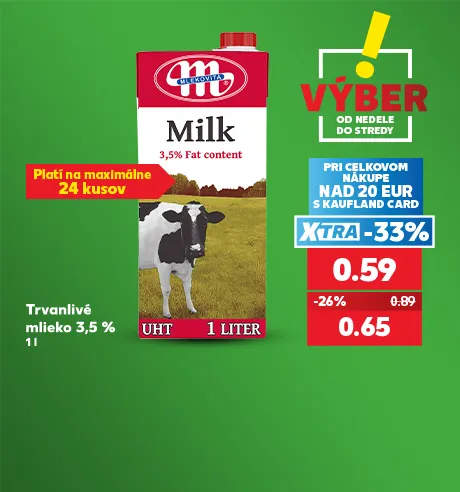 Trvanlivé mlieko 3,5 %, 1 l, 0,59 €
