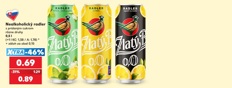 Nealkoholický radler s pridaným cukrom, rôzne druhy, 0,5 l + záloh za obal 0,15, 0.69 €