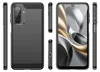 Multiple views of a black smartphone case, including the front, back, and side profiles, alongside a smartphone screen displaying abstract graphics. Produktbild-Vorschau