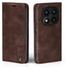 A brown leather flip case for a smartphone is shown from the front and back. Produktbild-Vorschau