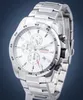 A close-up studio shot of a silver Festina chronograph watch with a white dial against a blue background. Produktbild-Vorschau