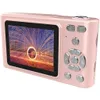 A pink digital camera is shown from a side angle, displaying a colorful image on its screen. Produktbild-Vorschau