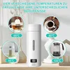 A white portable kettle is shown with four circular insets demonstrating different temperature settings and their uses. Produktbild-Vorschau