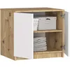 A cabinet with two doors, one open, showing shelves with boxes and folded towels. Produktbild-Vorschau