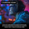 A person wearing headphones, with a blurred background of lights. Produktbild-Vorschau