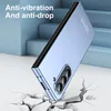 A light blue phone case is shown in a dynamic pose, appearing to fall onto a cracked surface, with blue stairs in the background. Produktbild-Vorschau