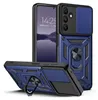 A blue and black armor phone case with a kickstand and camera cover, shown from multiple angles. Produktbild-Vorschau
